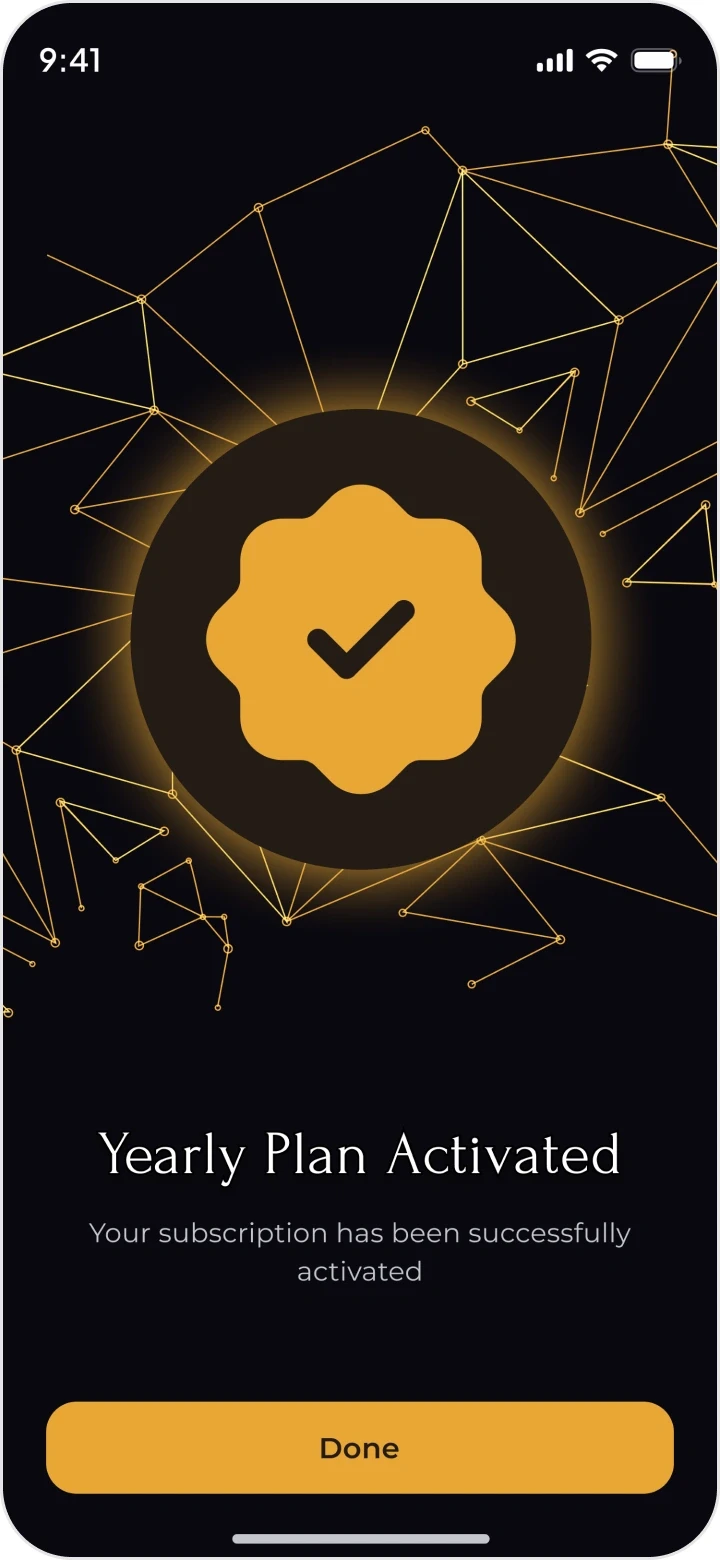 Yearly plan activated: a gold seal with a tick and Done.