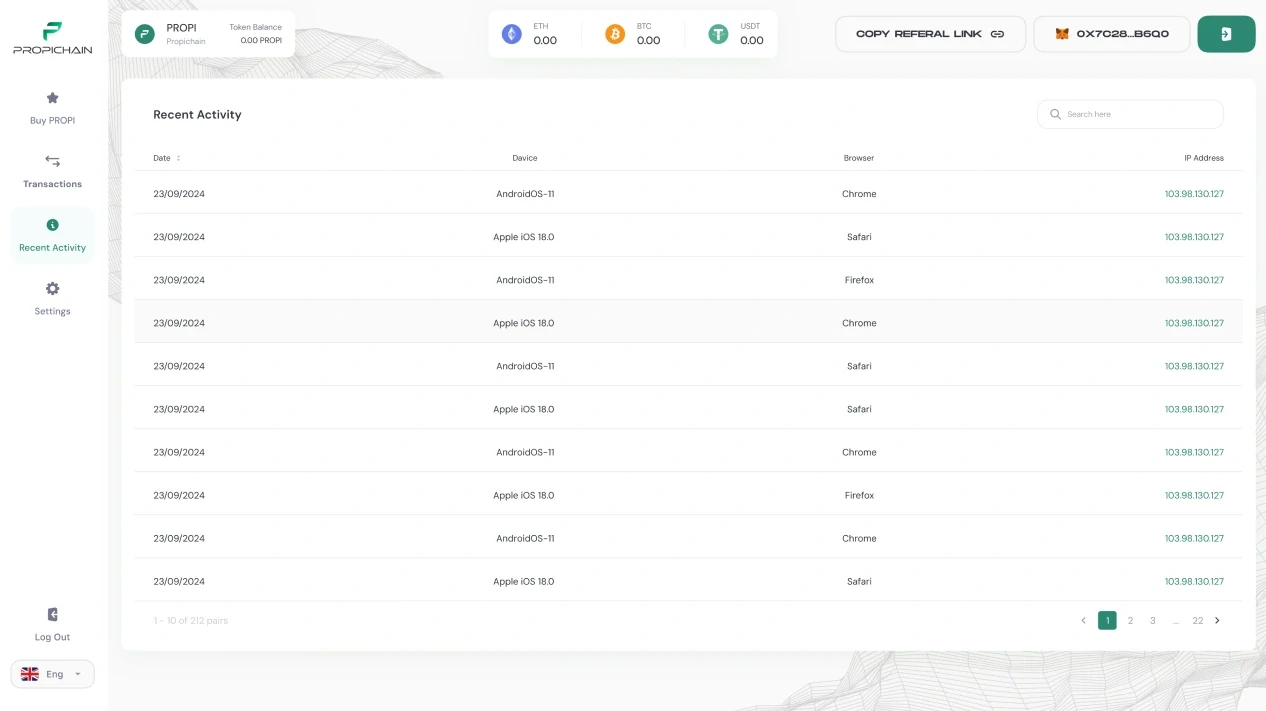 Recent activity: a table of sign-ins with the date, the device, the browser and the IP address.