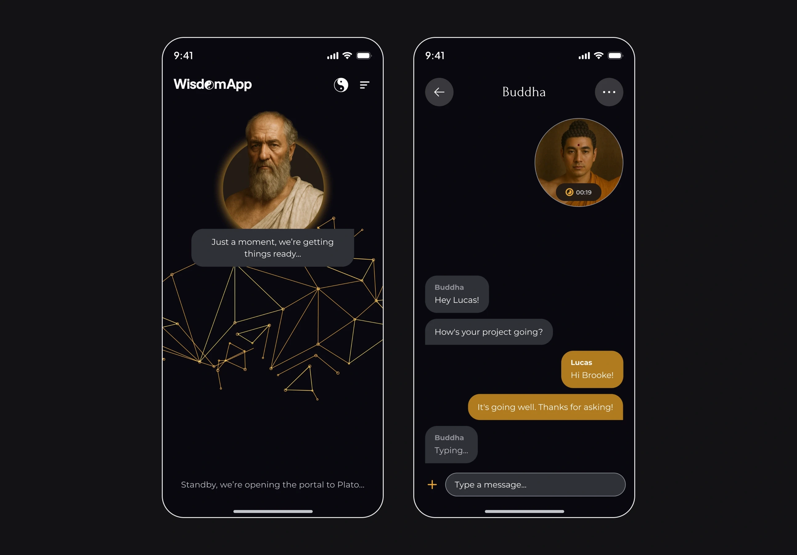 Two phones: Plato’s portrait with “Just a moment, we’re getting things ready” and “Standby, we’re opening the portal to Plato…”, then the conversation with Buddha.