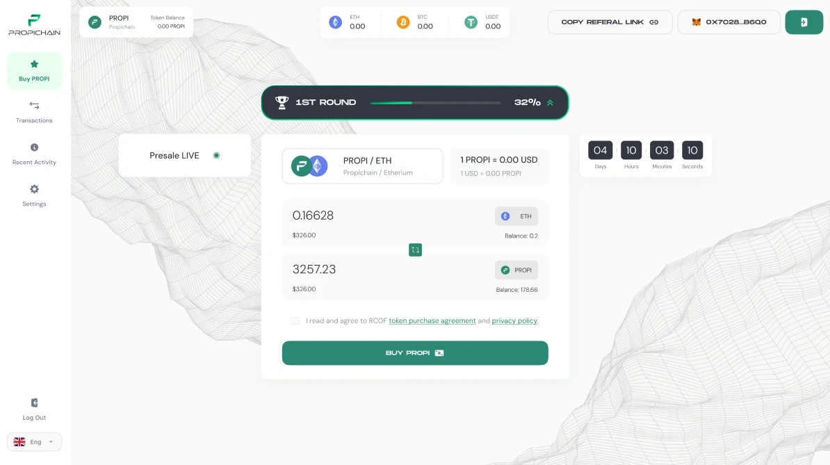 The buy screen with a wallet connected: the round, the price, the amounts, the agreement and Buy PROPI.
