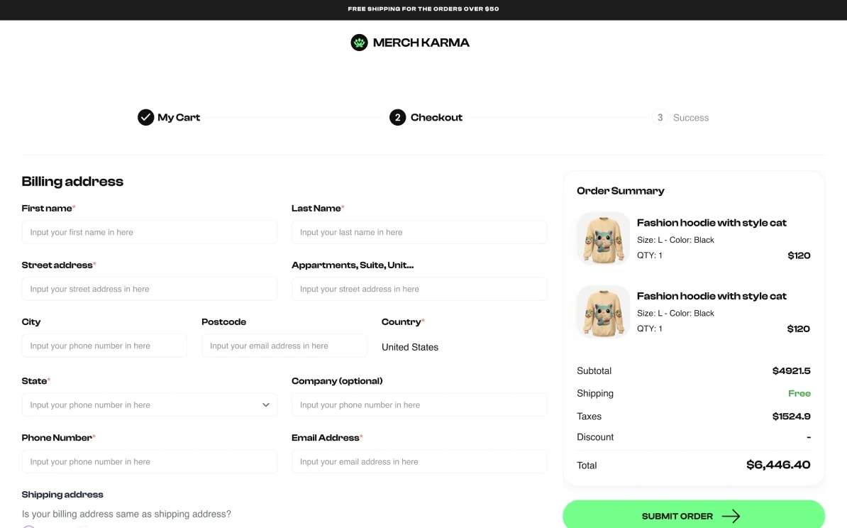 Checkout: billing address, order summary and Submit order.