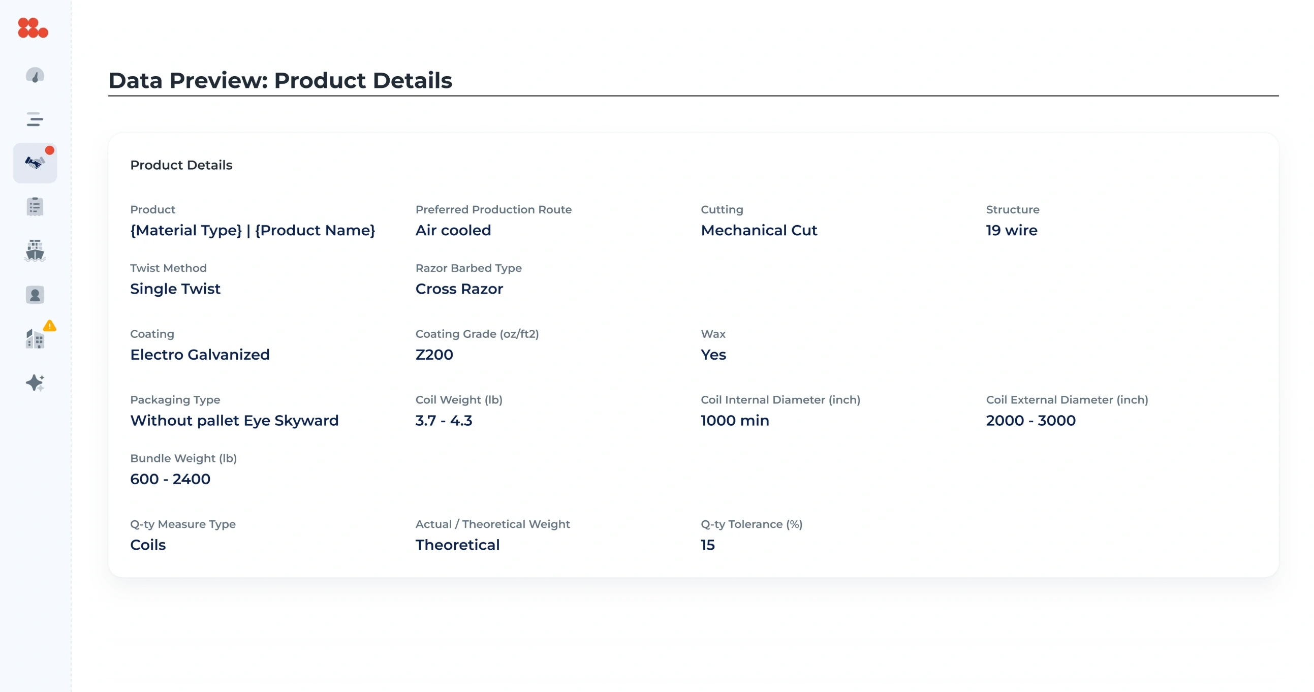 Data preview of the product details: material, production route, coating, structure, packaging, bundle weight and tolerance.