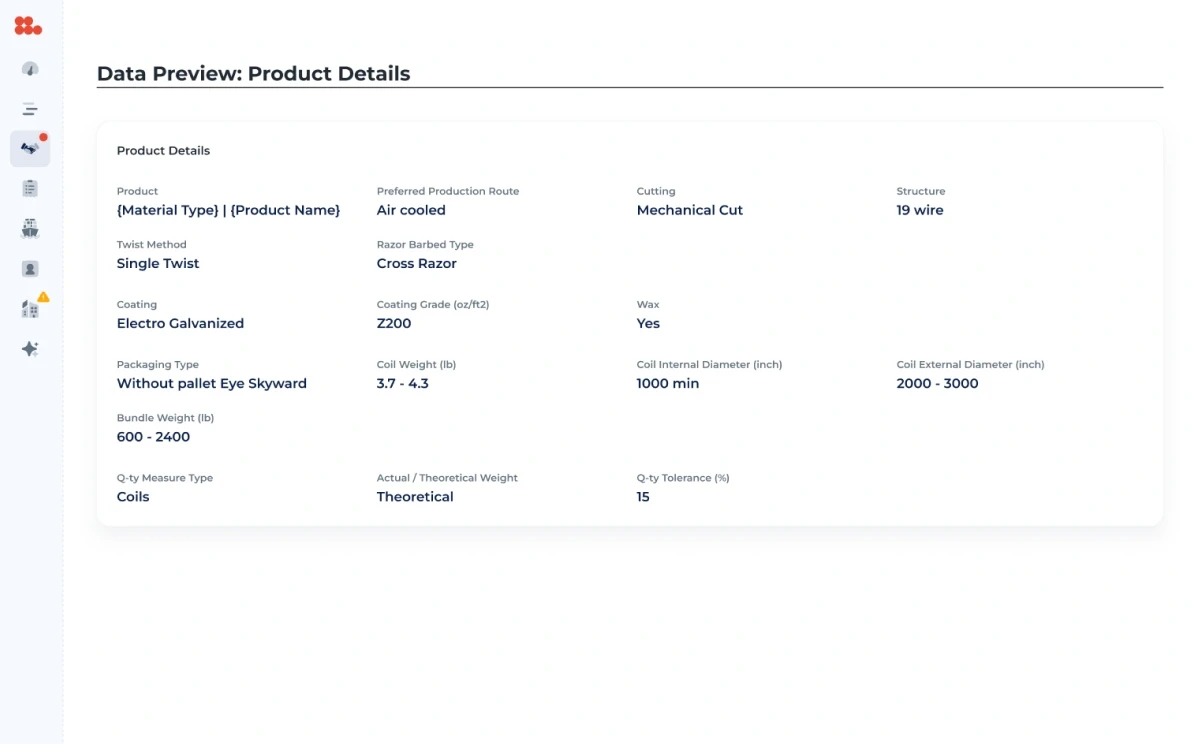 Data preview of the product details, laid out as a template.