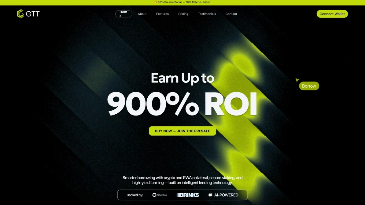 The first screen: the 900% ROI offer, the call to buy and the backers.