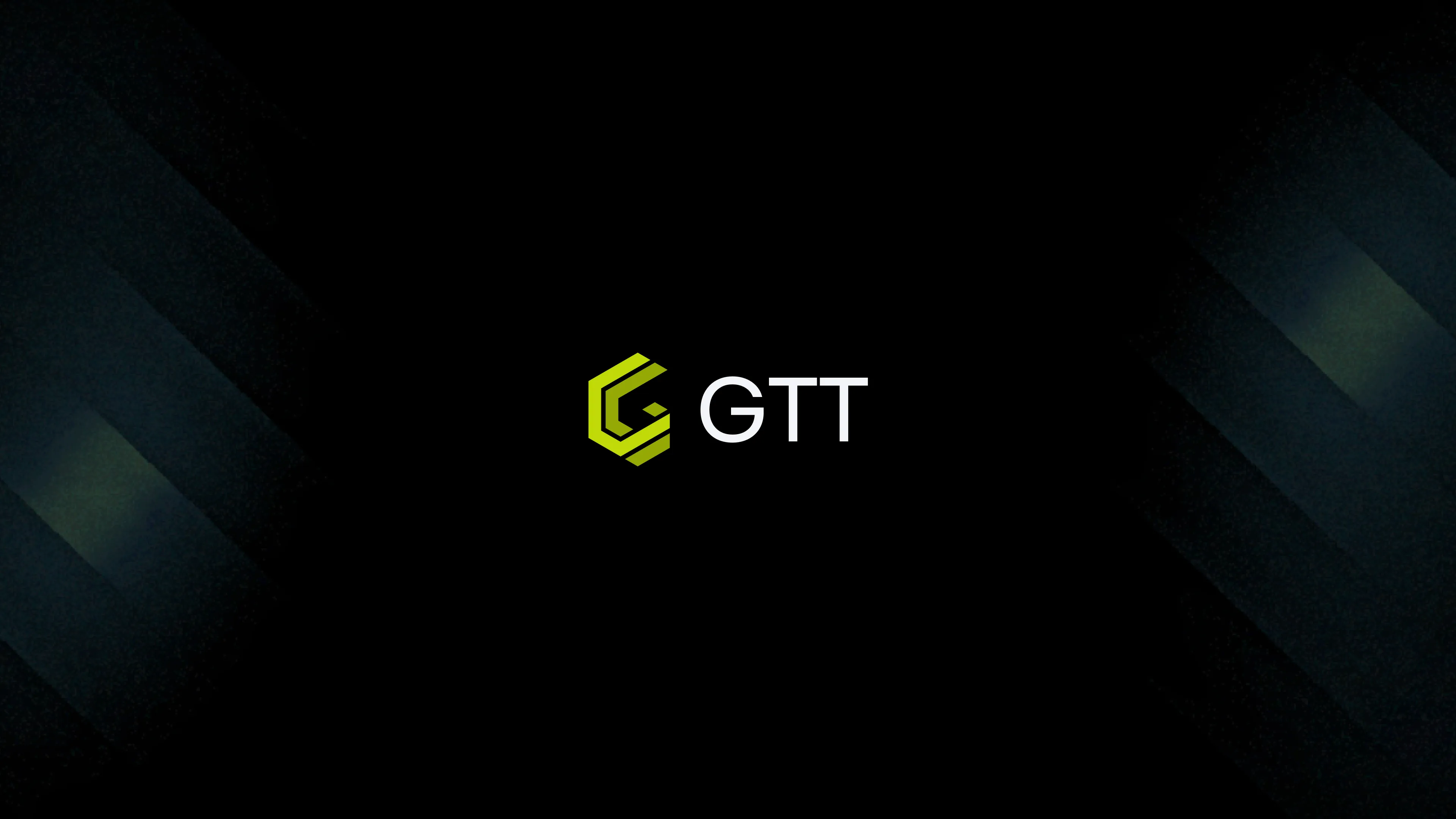 The GTT logo, lime and white, on black with dark green diagonal light.