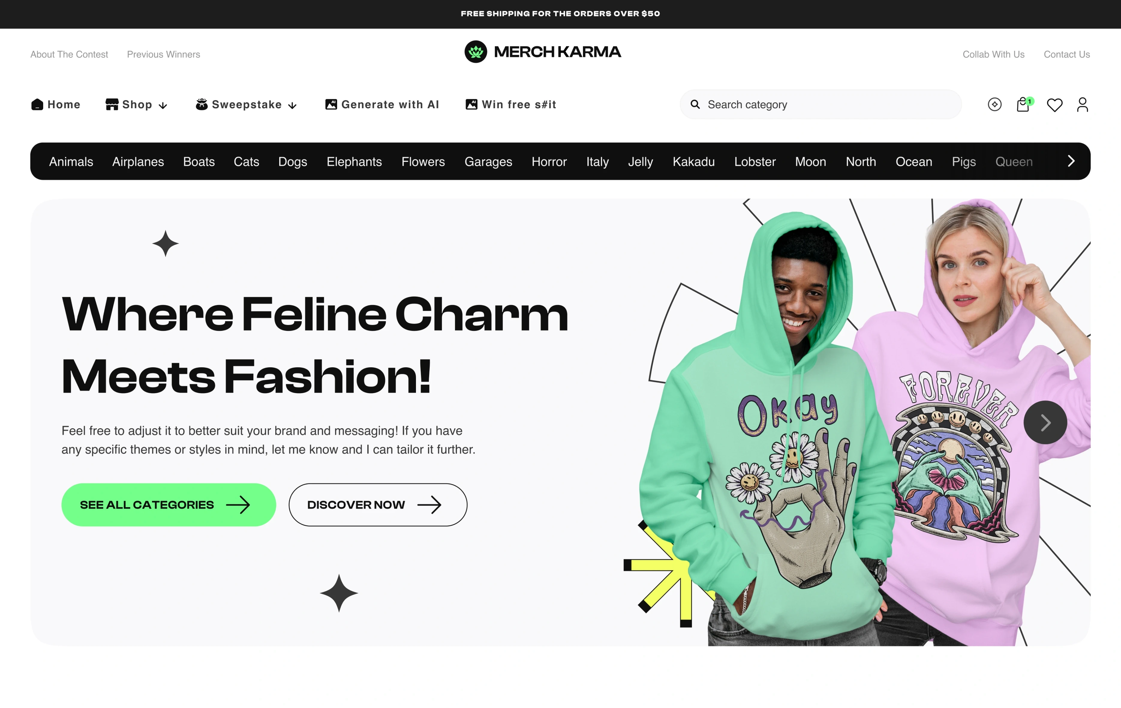The Merch Karma home page: a row of themes — animals, airplanes, boats, cats, dogs and more — above “Where feline charm meets fashion!” with two people in printed hoodies.