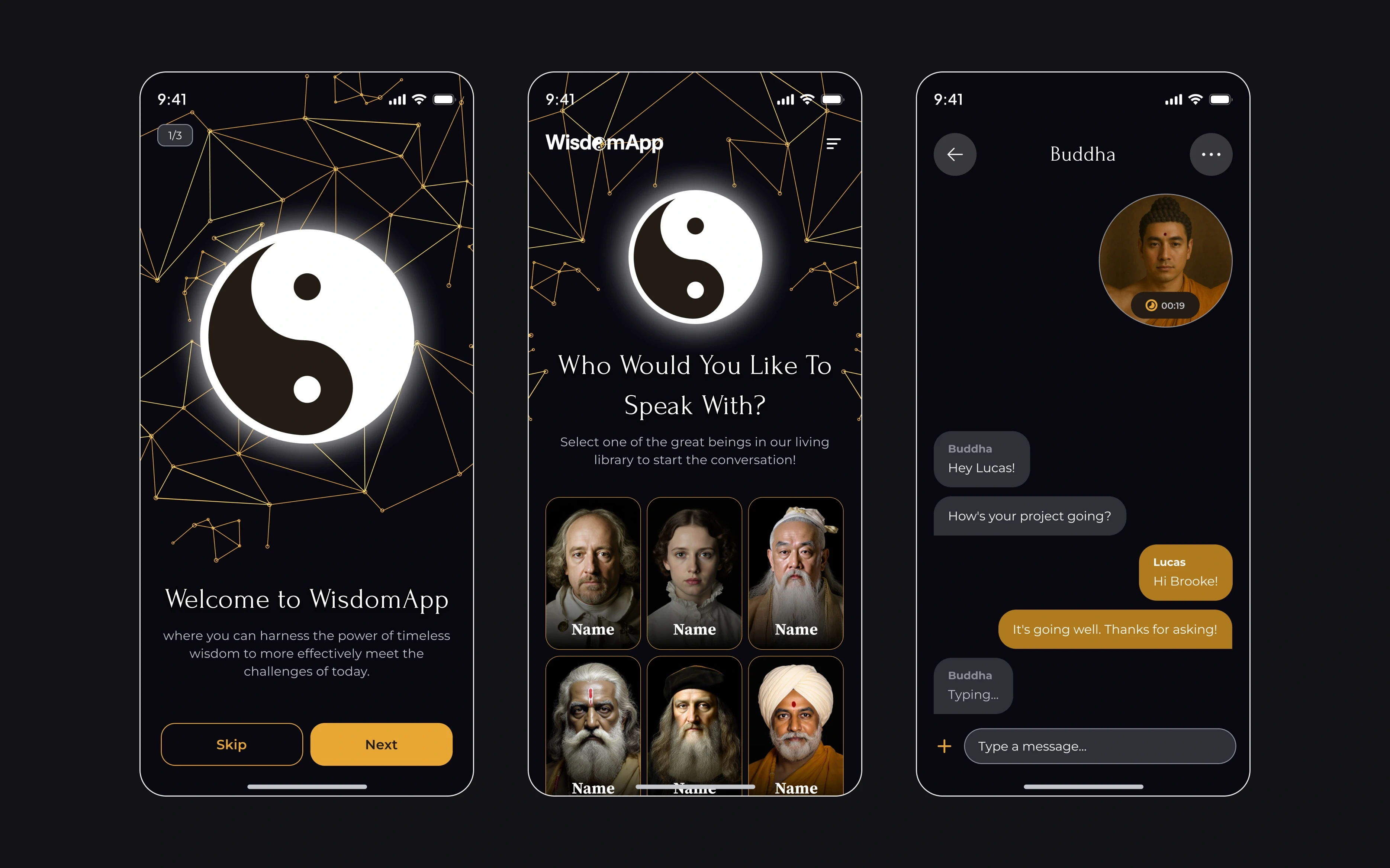 Three phones on black: “Welcome to WisdomApp” under yin and yang in a web of gold constellations, “Who would you like to speak with?” with a grid of portraits, and a chat with Buddha.