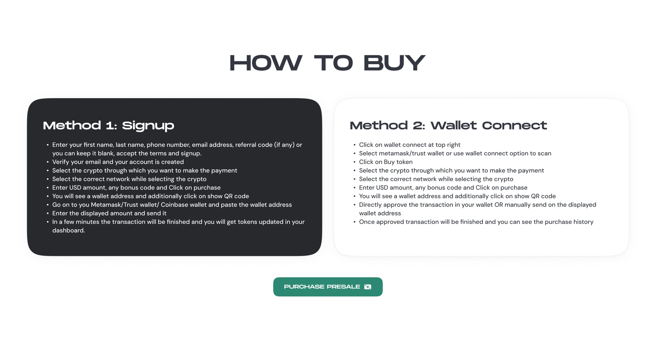 How to buy: Method 1, Signup, and Method 2, Wallet connect, side by side, each a list of steps, with Purchase presale under them.