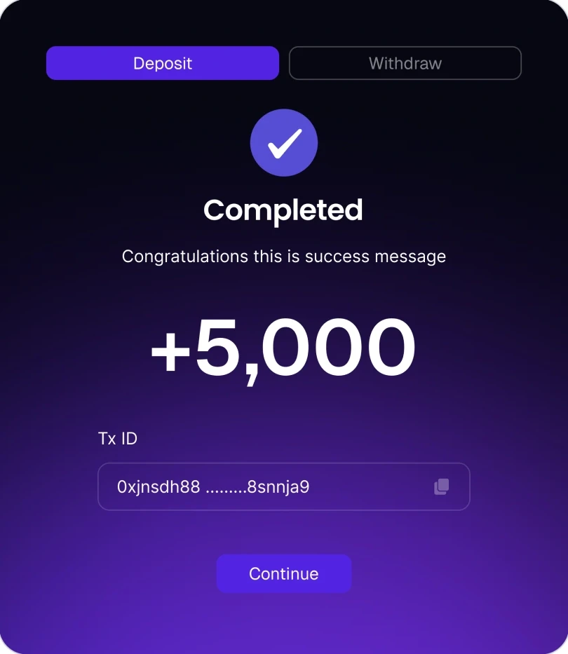 A completed deposit: +5,000 with its transaction ID and a Continue button.