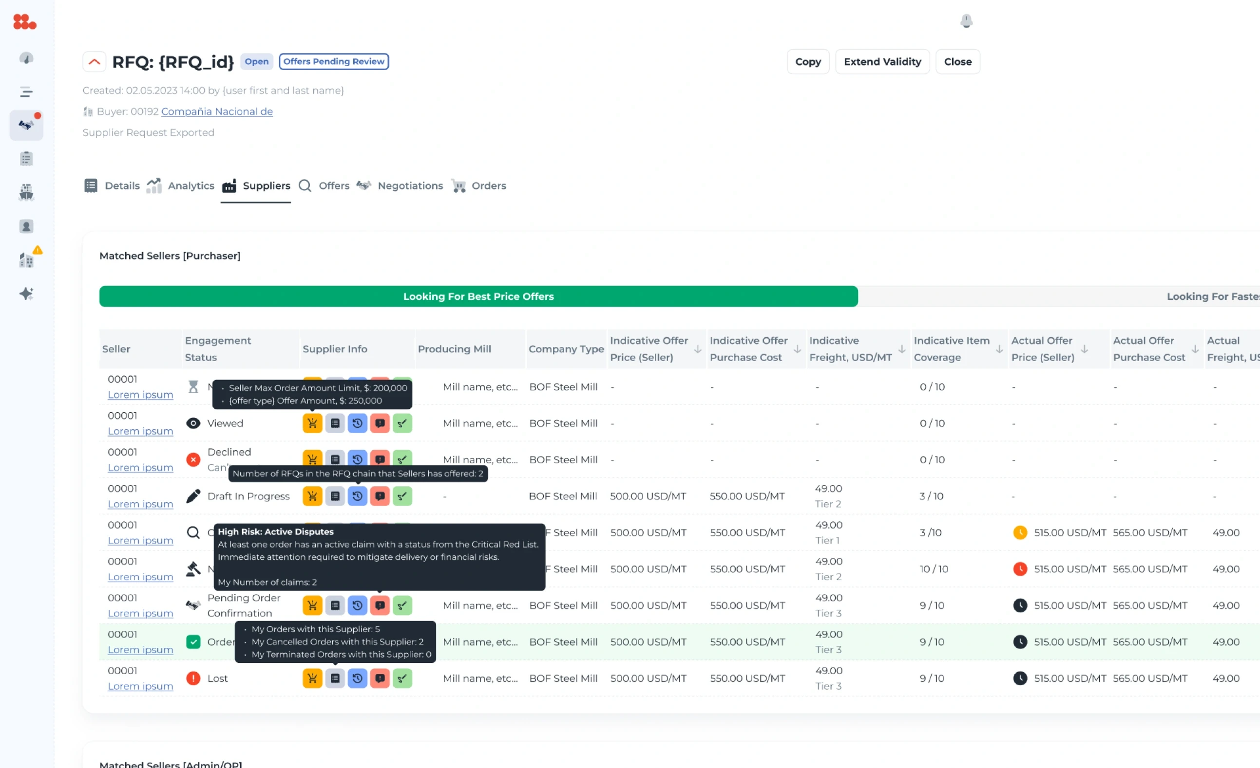 Matched sellers, with the switch between Looking for best price offers and Looking for fastest delivery above the list of mills and their figures.