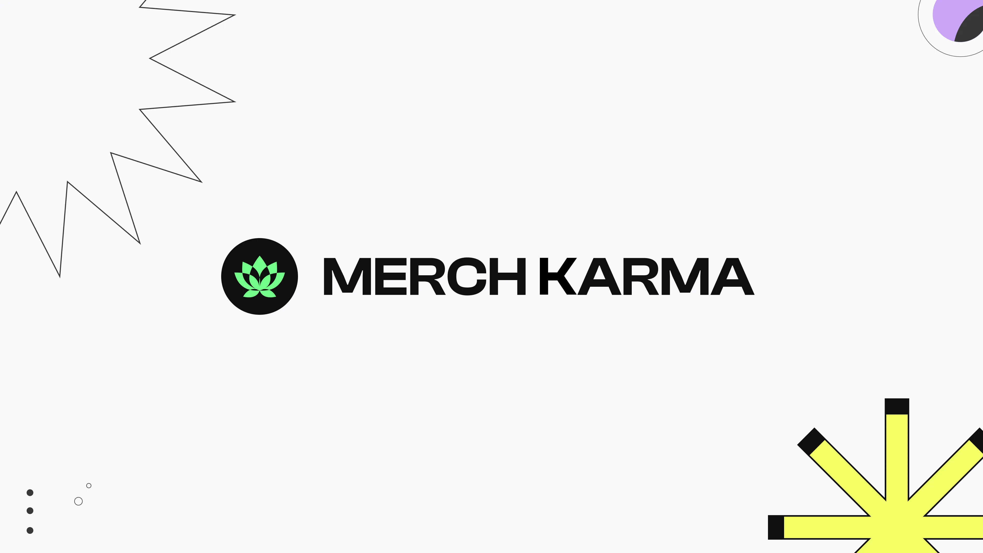 The Merch Karma logo on white, with a zigzag burst and a yellow star at the edges.