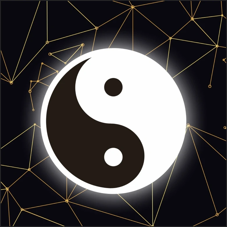 Yin and yang, glowing white, in a web of gold constellation lines on black.