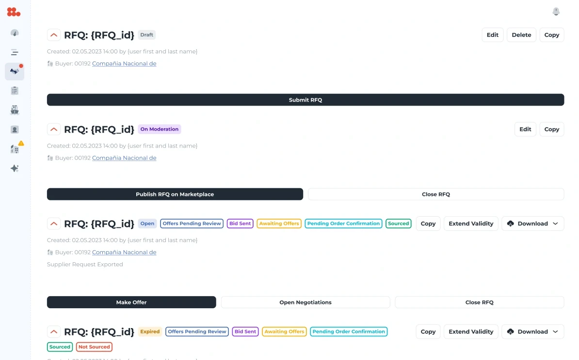 The operator’s request headers: submit, publish to the marketplace, extend validity, close — with the buyer named.