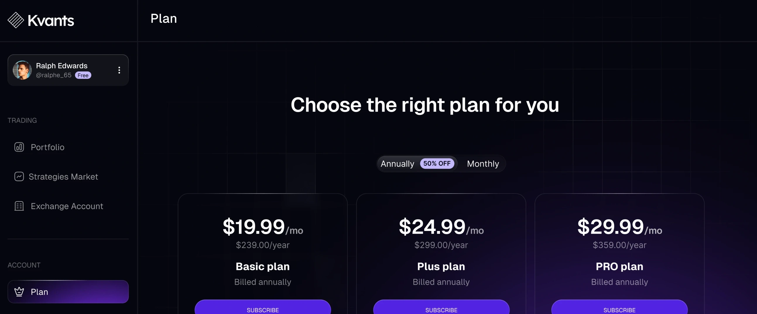 “Choose the right plan for you”: Basic, Plus and Pro plans at $19.99, $24.99 and $29.99 a month, with a monthly or annual switch.