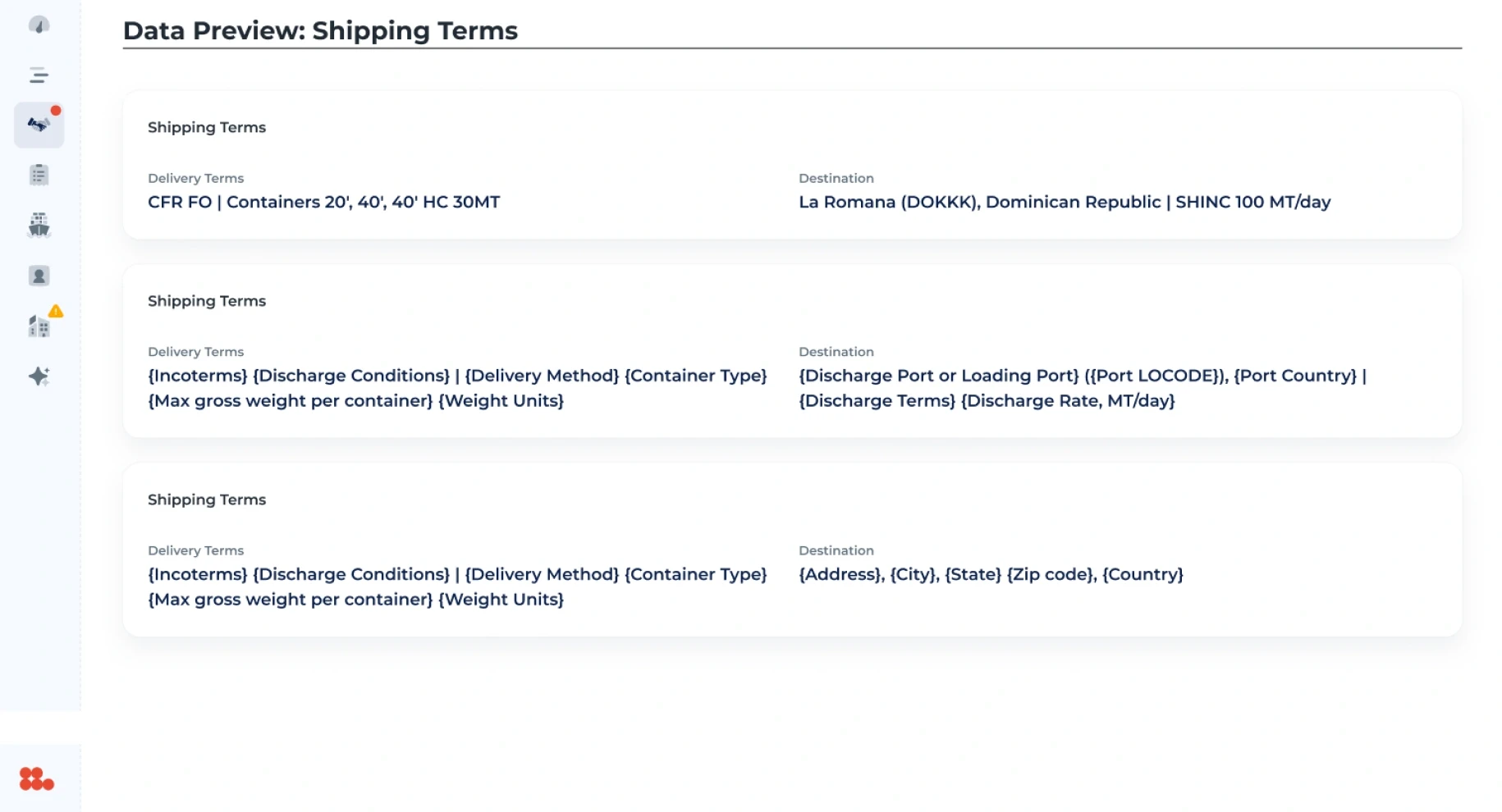 Data preview of the shipping terms, each line written as a template: {Incoterms} {Discharge Conditions} | {Delivery Method} {Container Type}.