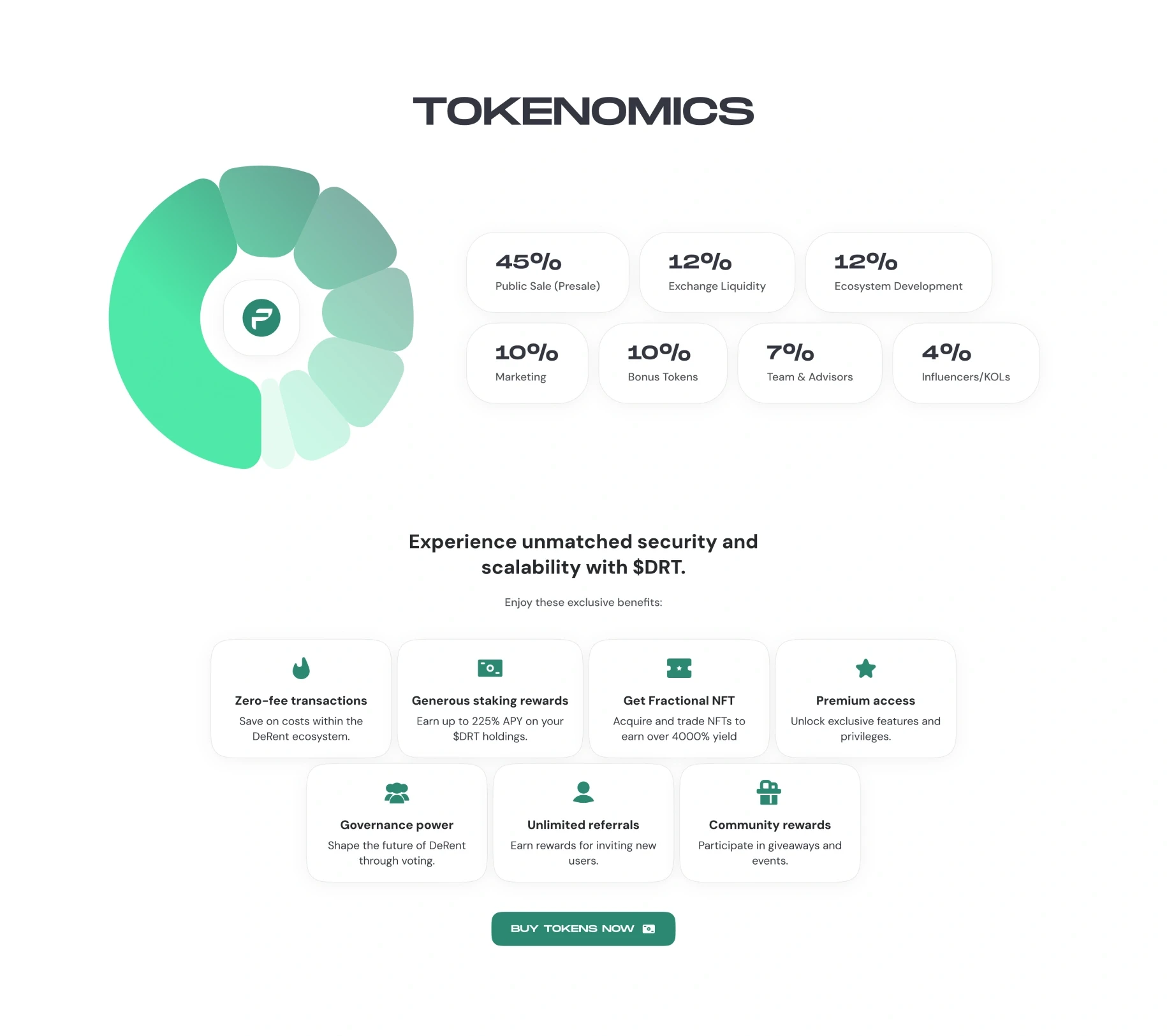 Tokenomics: a ring chart beside the numbers — public sale (presale) 45%, exchange liquidity 12%, ecosystem development 12%, marketing 10%, bonus tokens 10%, team & advisors 7%, influencers/KOLs 4% — and the $DRT benefits below.