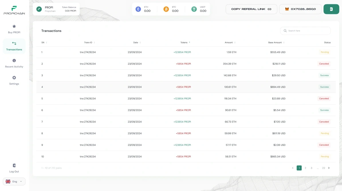 Transactions: ID, date, tokens, the amount in ETH, the base amount in USD and a status — pending, canceled or success.