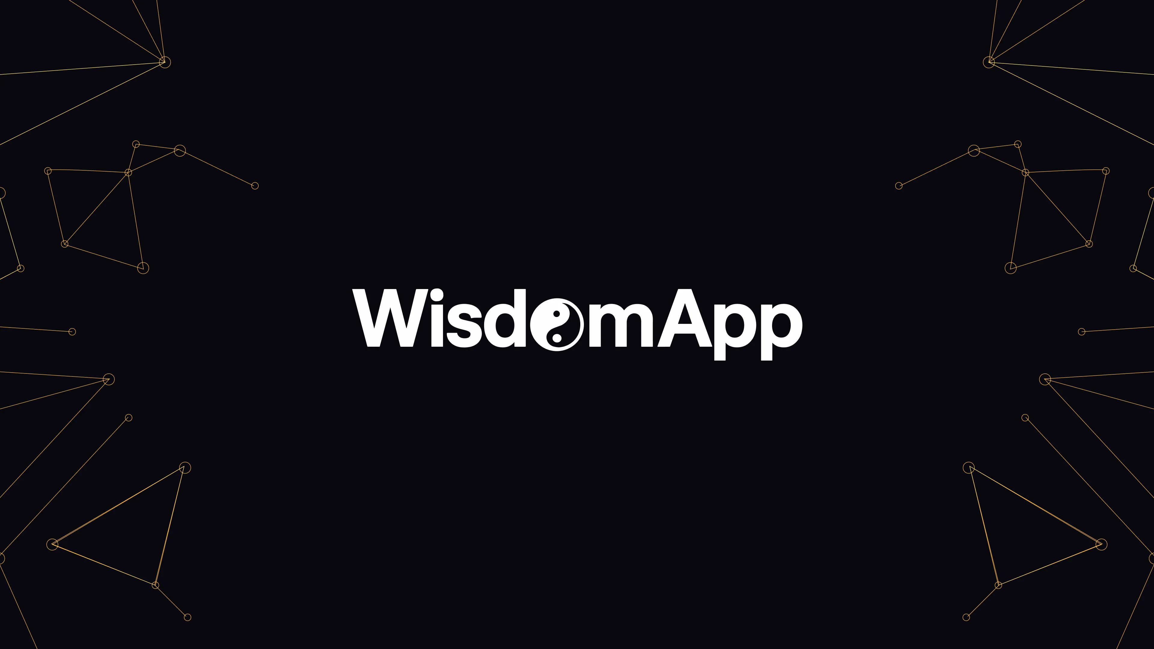 The WisdomApp wordmark, white, on black with gold constellation lines.